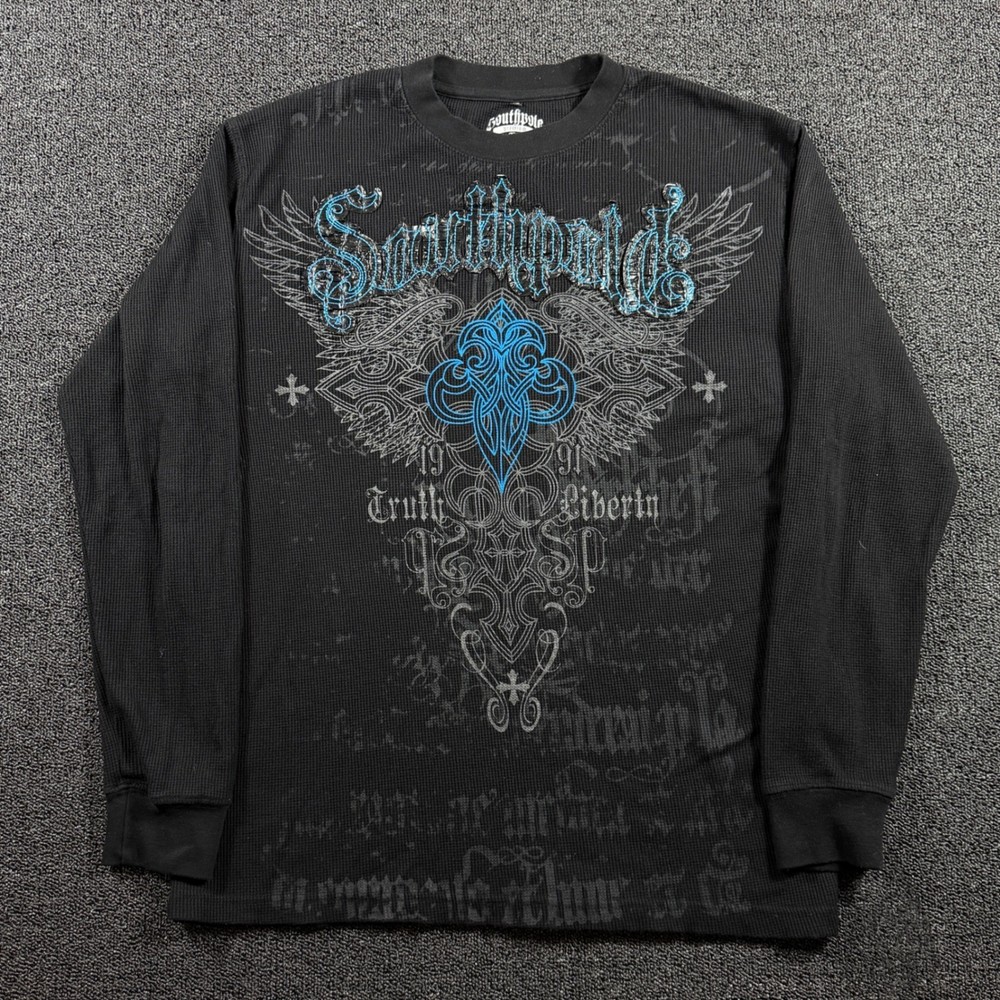 Southpole Premium Men XL Black Thermal Shirt Y2K Graphic Long Sleeve Waffle Knit