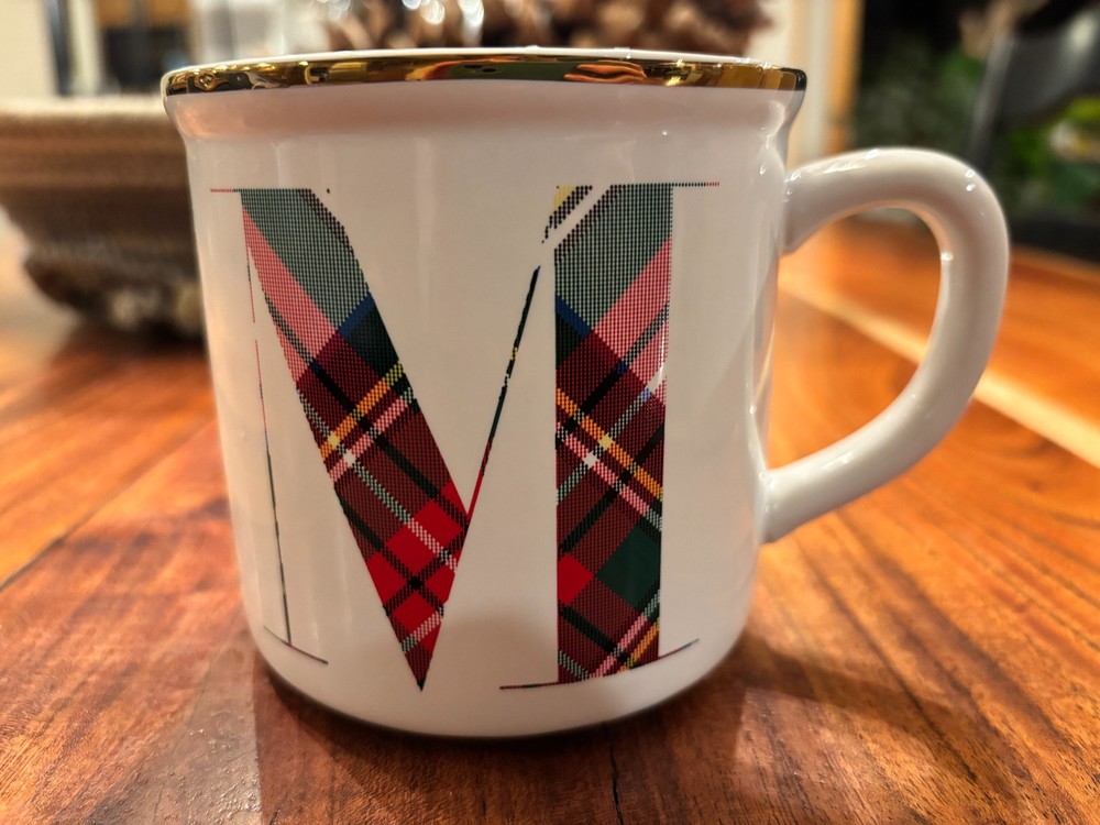 NEW Pottery Barn Stewart Plaid Mug Personalized Letter M Monogram