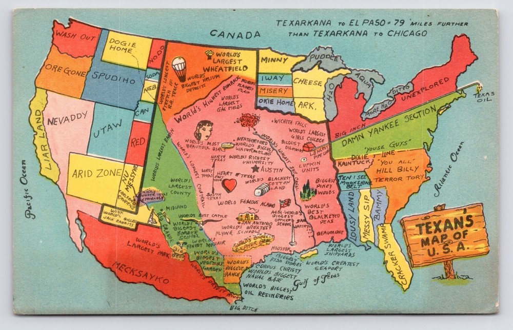 c1950s Texans Map of the United States Funny Comic Funny Vintage Art Postcard