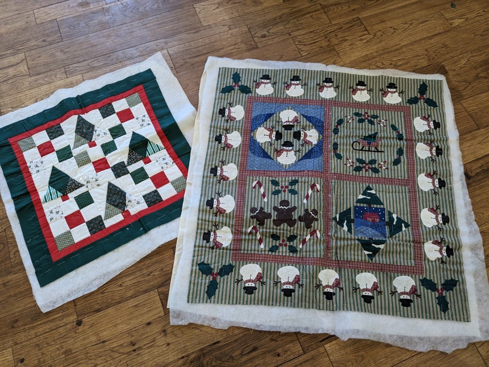 2 Handmade Hand Stitched Unfinished Quilts Christmas Snowman 38
