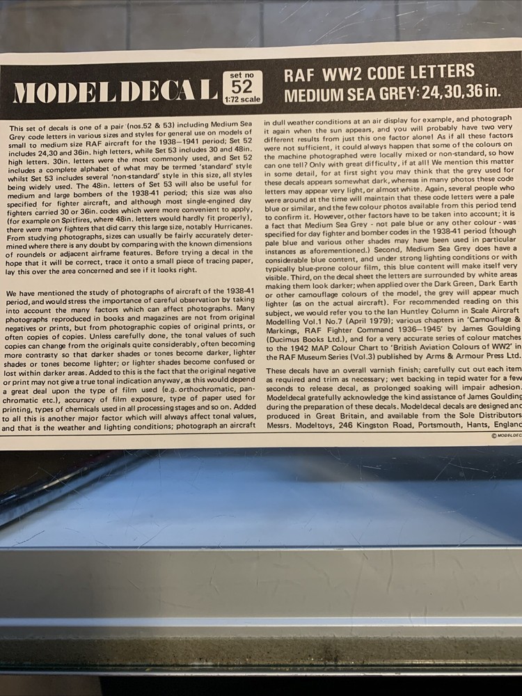 1/72 Model Decal #52 RAF WW2 Code Letters 24,30,36in. KH