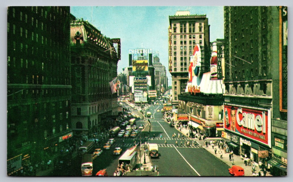 Times Square New York postcard with Pepsi Cola, Camel, Chevrolet signs