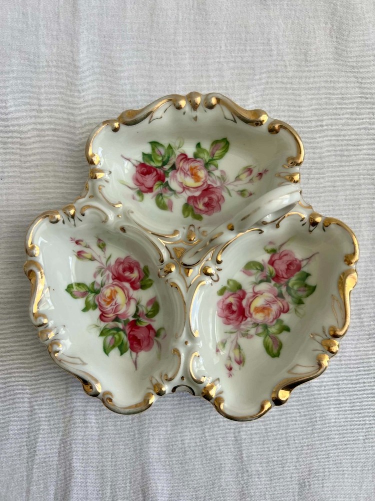 Porcelain Vintage Rose Floral Divided 3-Part Relish Relish Dish w gold trim