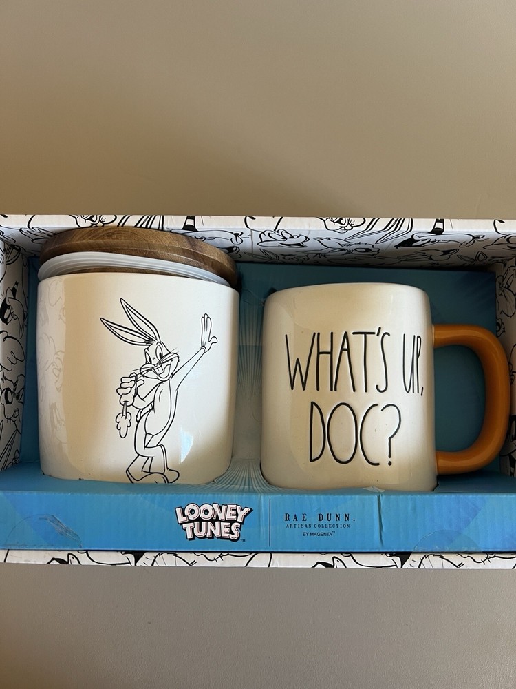 Rae Dunn Looney Tunes Bugs Bunny Mug and Canister Set Whats Up Doc Ceramic Collectible