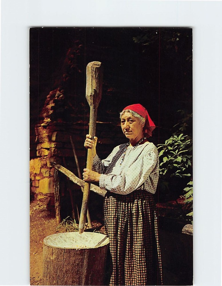 Postcard Pounding Corn Meal At Oconaluftee Village, Cherokee, North Carolina