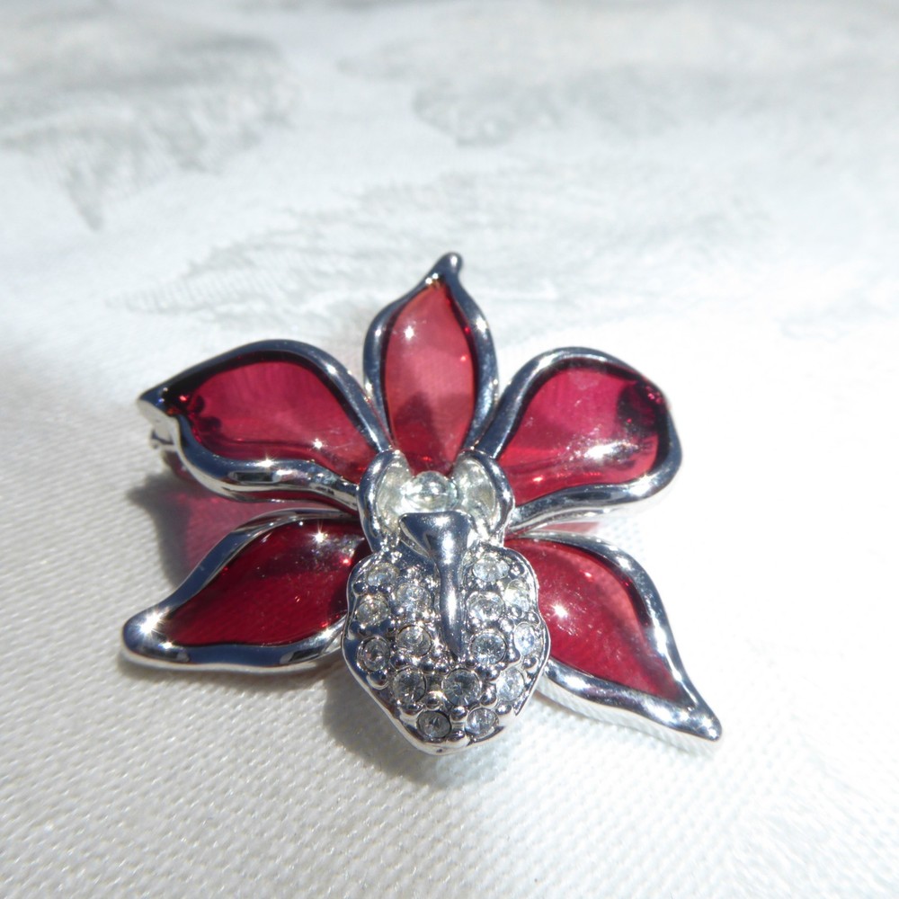 Beautiful Plique A Jour Red With Clear Rhinestone Orchid Silver Tone Brooch