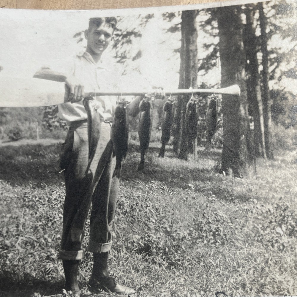 Vintage photograph Snapshot Young Man Fishing 6 Fish 1940s Lake Seen - A1