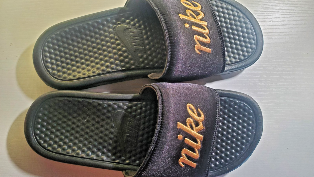 Nike Slide Sandals in Black and Metallic Gold - Size 8
