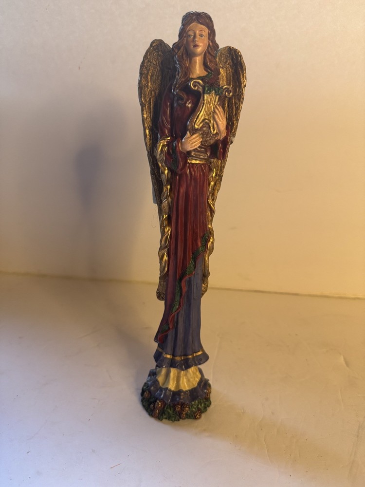 Christmas Angel w/Harp Figurine Gold Wings