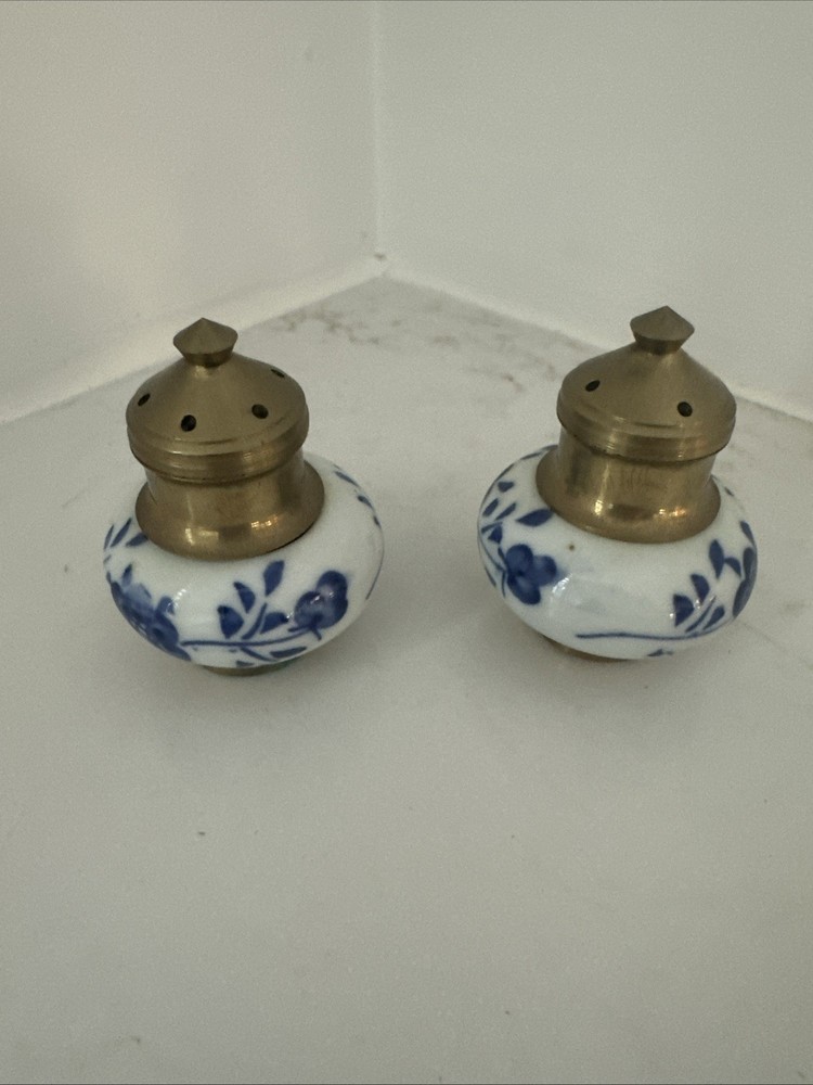 Vintage Thai Brass, Blue And White Floral Ceramic Salt And Pepper Set 2” Tall