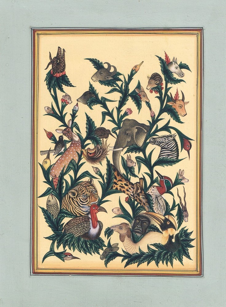 Indian Miniature Painting Of Animal And Birds Tree Art On Paper 7x9.5Inches