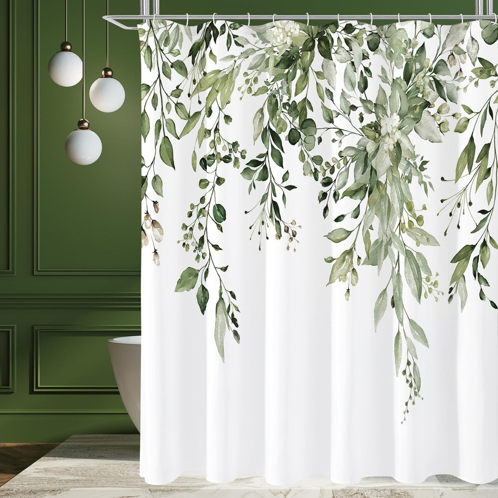 Olive Green Eucalyptus Watercolor Floral Leaves Shower Curtain Set 72x72 Inch