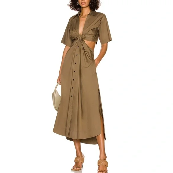 A.L.C. Georgia Cut Out Plunge Neck Button Down Midi Shirt Dress Sz 6