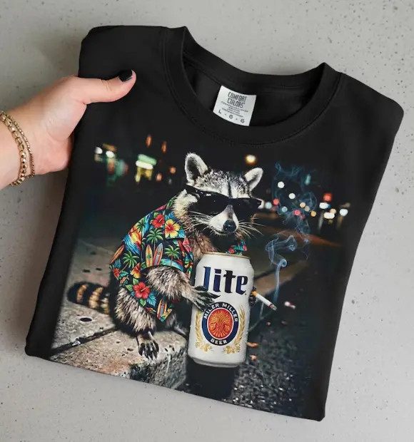 Raccoon Smoking Beer Funny Meme Shirt Vintage 90s Graphic Tee