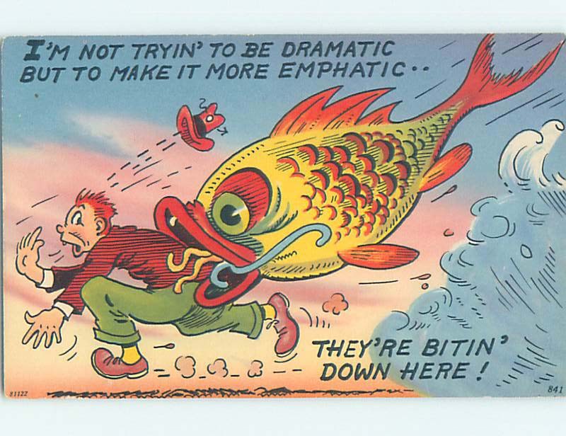 Linen-ish comic exaggeration HUGE FISH CHASES AFTER MAN FISHING 60k cards HL3521