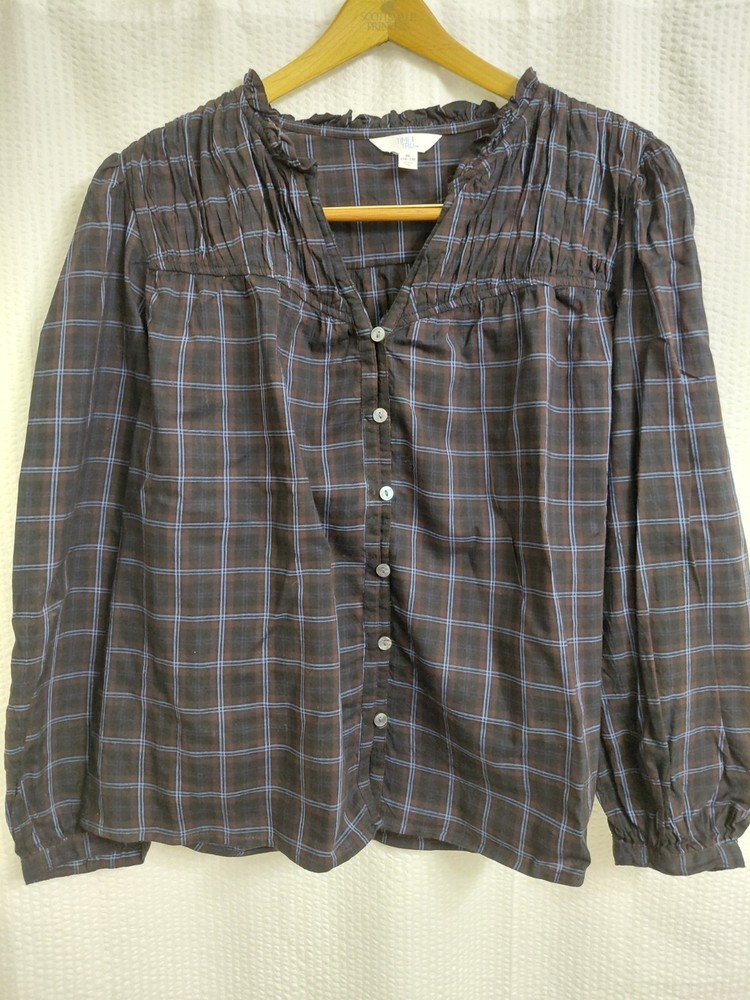 Time and Tru Brown Blue Plaid V-Neck Button Front Ruffle Blouse XL Long Sleeve