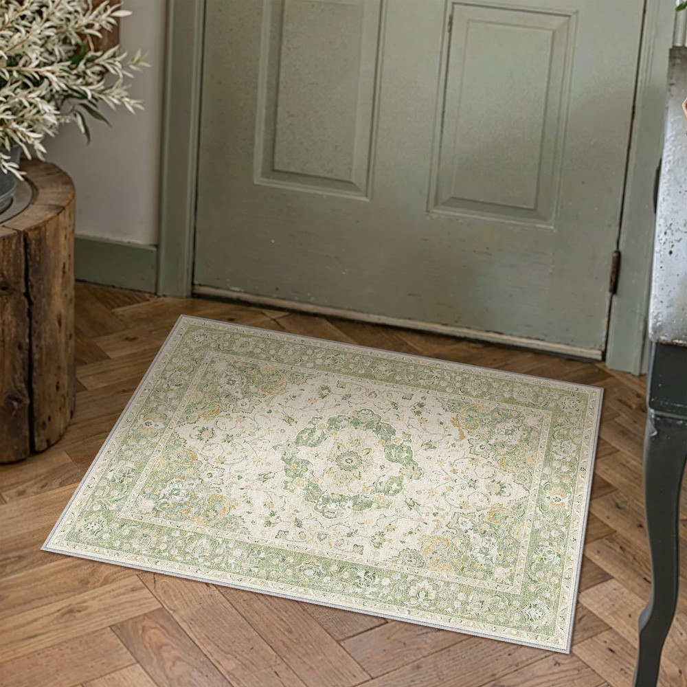 2x3 Green Area Rug Washable Vintage Carpet for Entryway Low Pile Non Slip Sof...