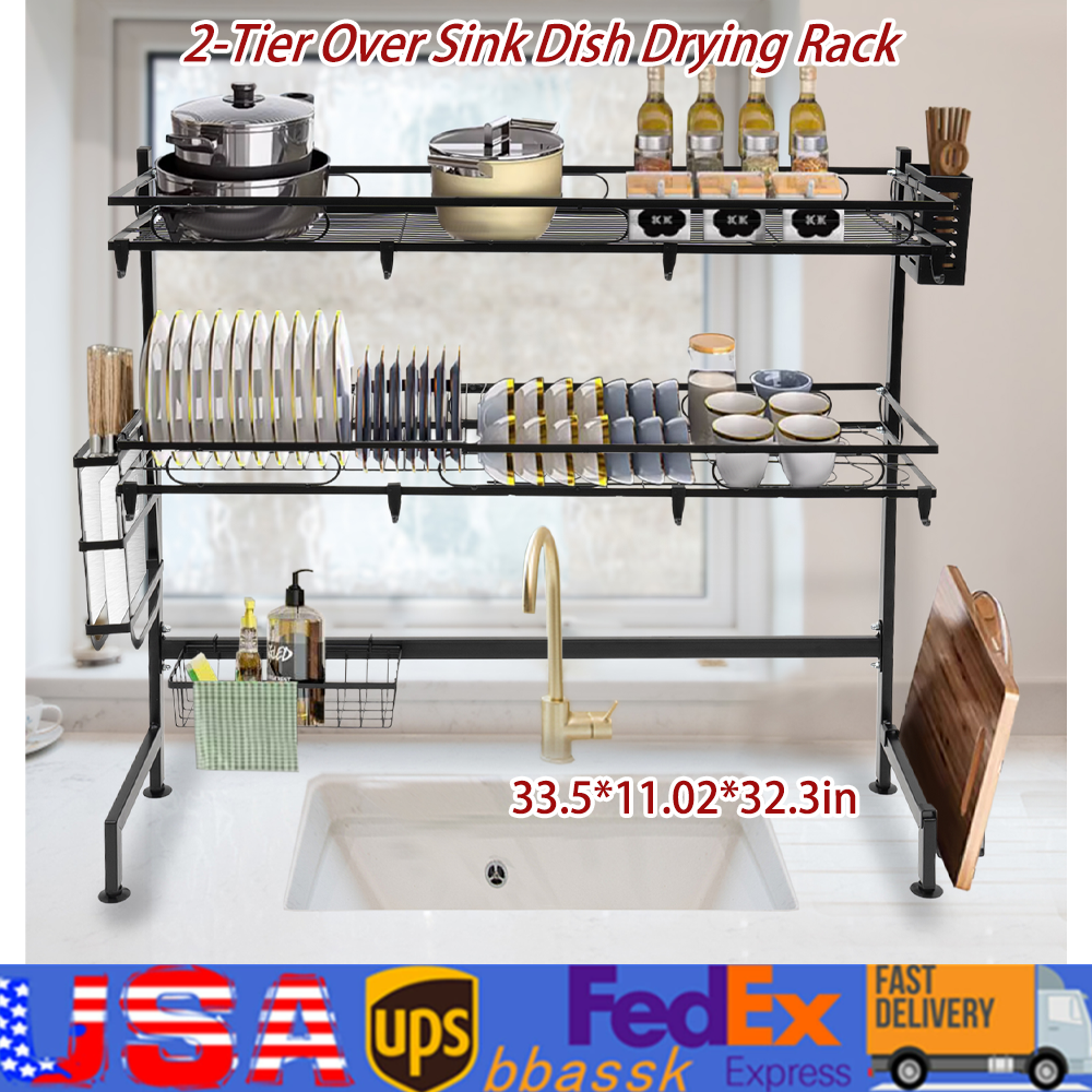 2-Tier Over Sink Dish Drying Rack Kitchen Countertop Cutlery Organizer 82cm 22lb