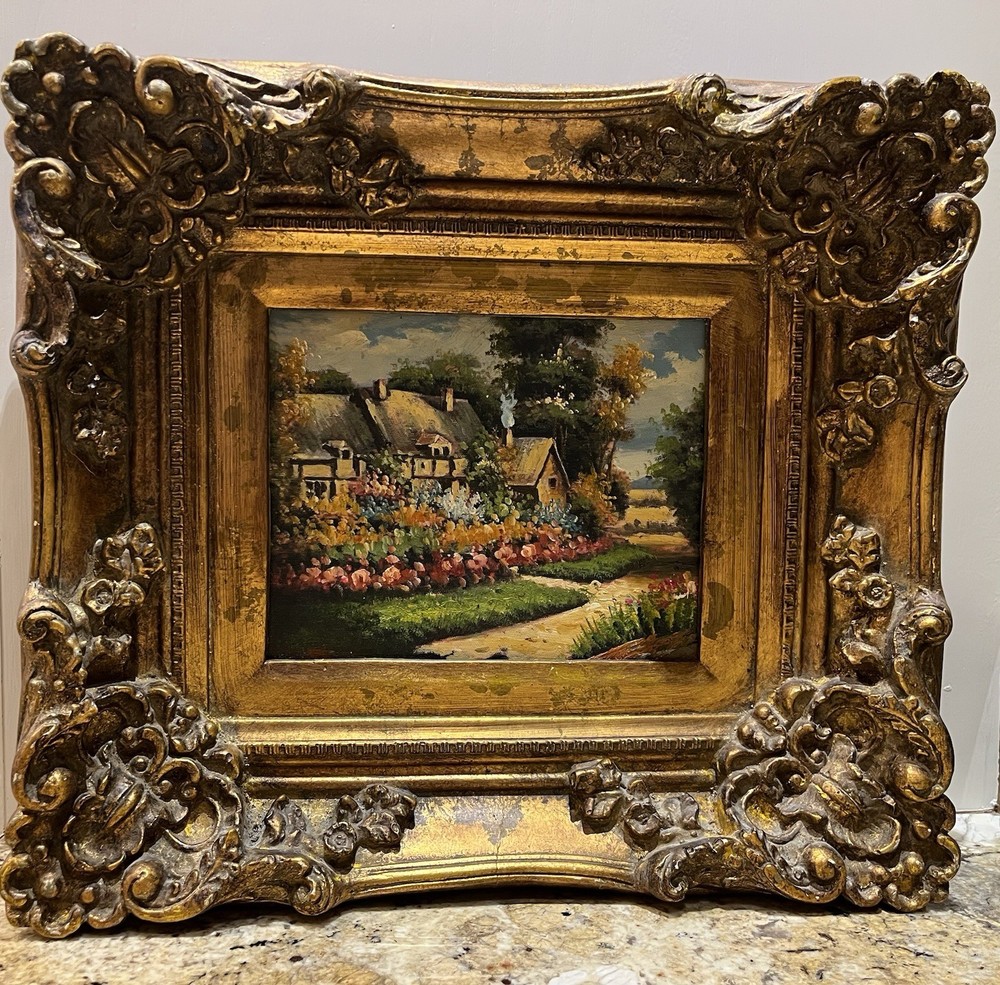 Vintage Oil Painting On Board Ornate Heavy Gold Frame English Cottage