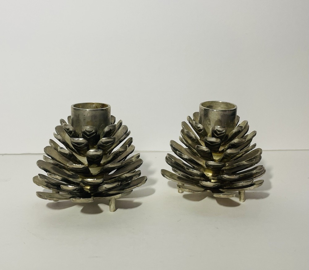 Metal Silver Tone PineCone Taper Candle Holders Fall Autumn Christmas Decor *