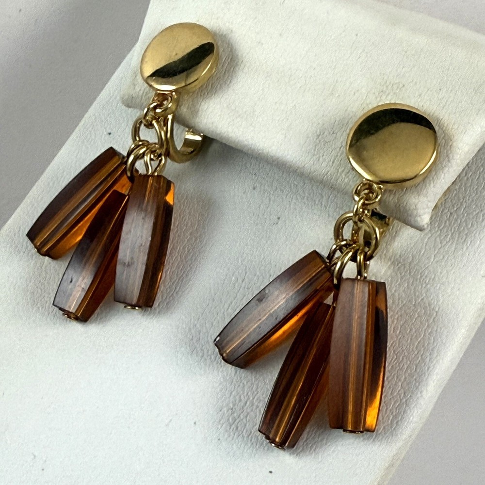 Vintage TRIFARI Root Beer Lucite Beaded Gold Tone Clip on Earrings Signed