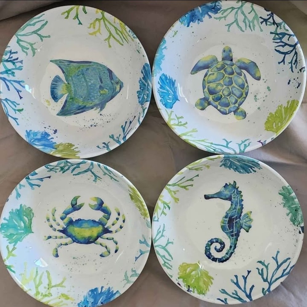 Zak! Sealife 8” Melamine Bowls, Set of 4, Turtle - Crab - Seahorse - Fish