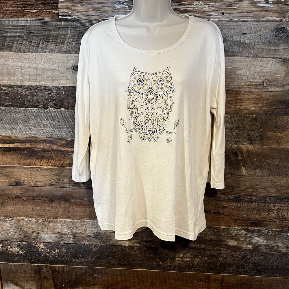 Retro Owl Graphic Bedazzled Top Size XL Ivory 3/4 Sleeve Lucky USA