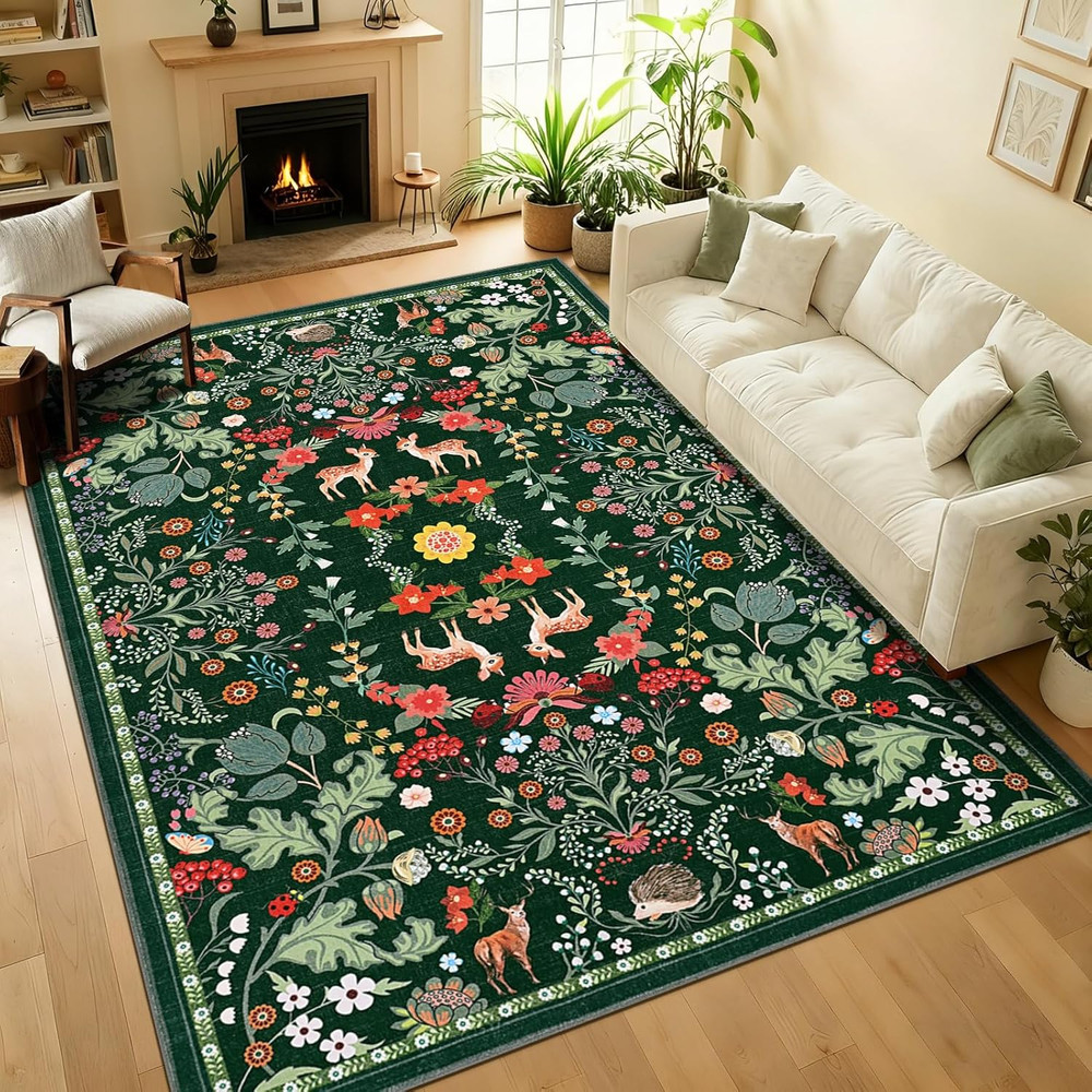 Area Rug 5X7 Floral Rugs for Living Room Green Washable Rug Non Slip Soft Low Pi