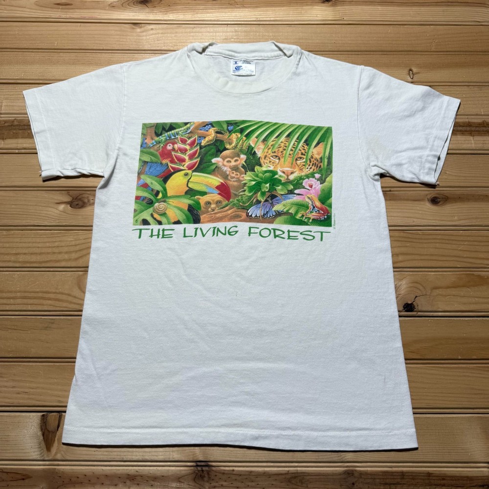 Vintage 90s The Living Forest Rainforest Animals Wildlife T-Shirt USA Made Small