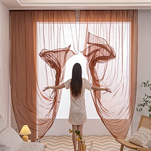 Window Brown Sheer Curtains 108 Inches Length 2 Panels Voile Light Filtering