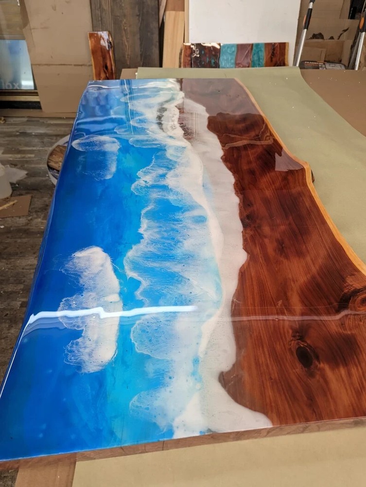 Ocean epoxy coffee table top, live edge furniture for home decor