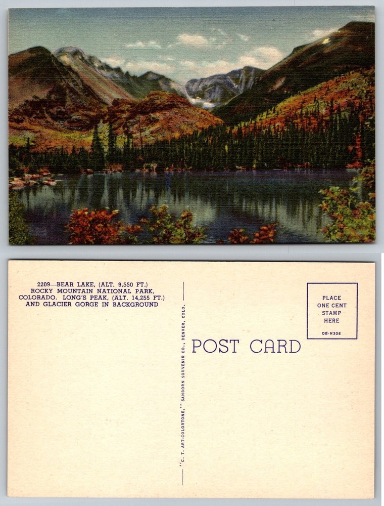 Bear Lake Rocky Mtn National Park CO Linen Postcard Long's Peak Glacier Gorge