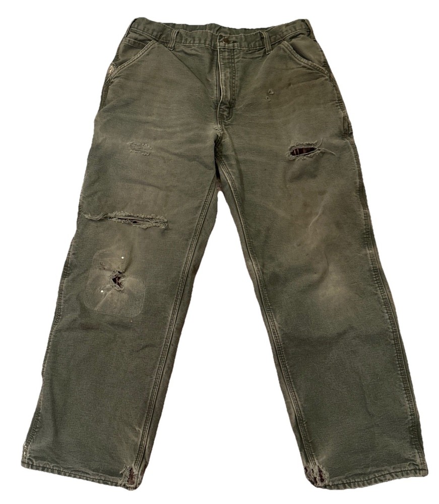 Carhartt Distressed Duck Canvas Flannel-Lined Cargo Carpenter Pants 34x29