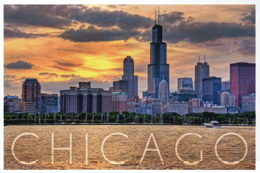 Skyline of Chicago Illinois, Willis Tower Lake Michigan Sunset - Modern Postcard