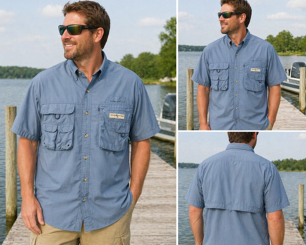 Hook & Tackle Outfitters Fishing Shirt Mens Large Blue Short Sleeve Vented Utili