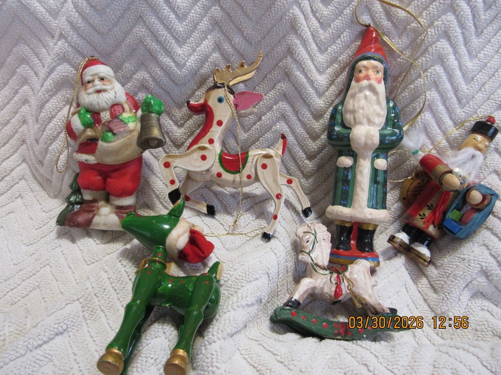 Vintage Wooden Christmas Ornaments 7 Pieces Holiday Lot -