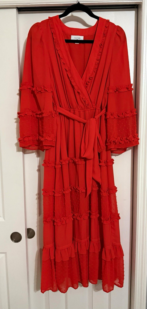 ALEXIS Women's L Red Solid V-Neck Belted Maxi Dress
