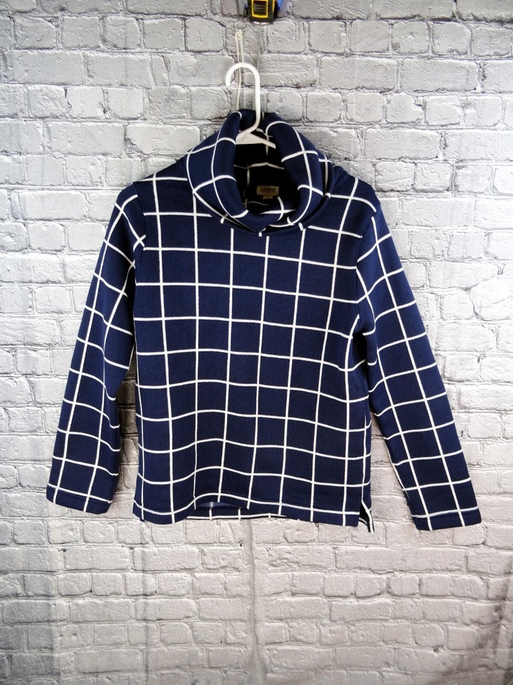 J Crew Long Sleeve Funnelneck Pullover Sweater Women's Medium Navy Blue White