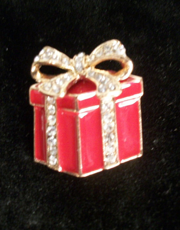 Christmas Brooch Red Present with Gold & Rhinestone Bow Wrapped Enamel