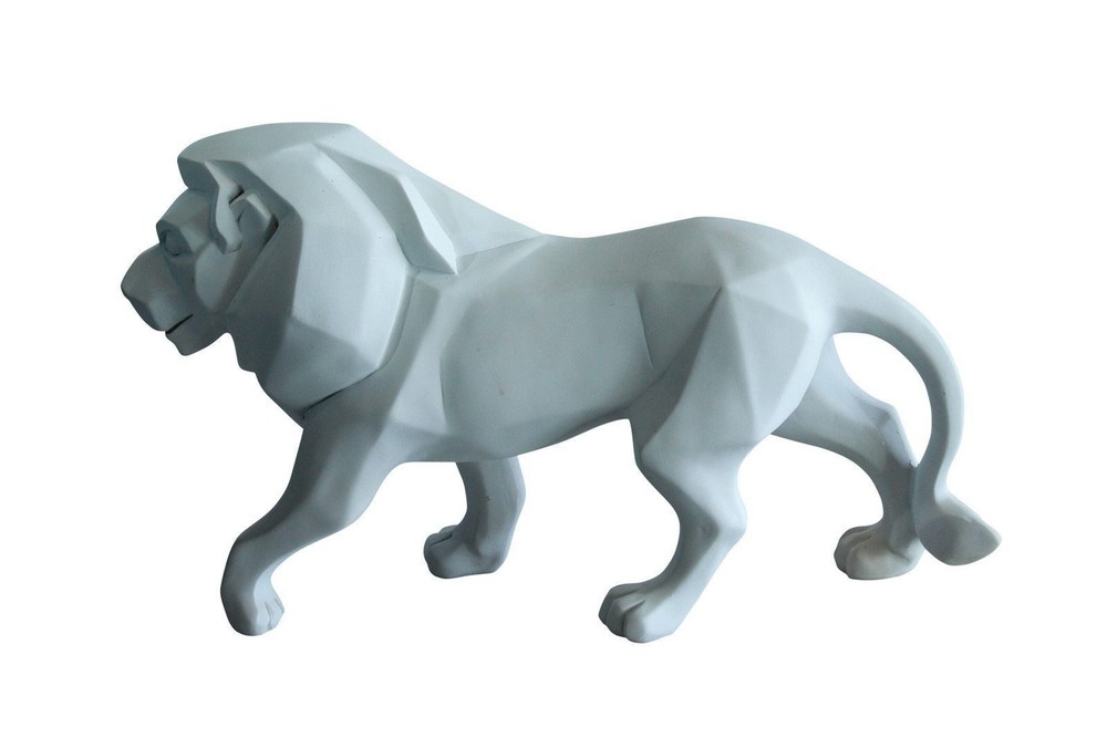 White Resin Geometric Lion Sculpture in Walking Stance Art   17