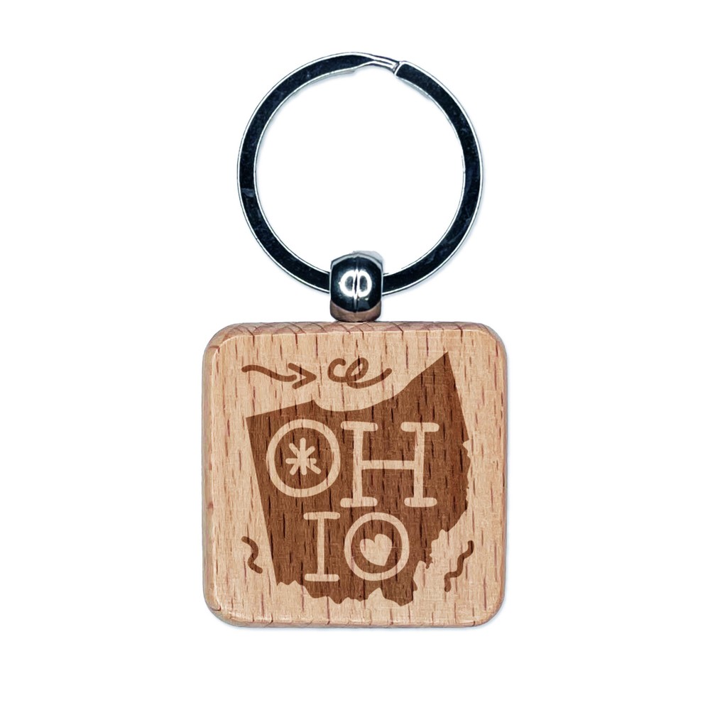 Ohio State with Text Swirls Engraved Wood Square Keychain Tag Charm