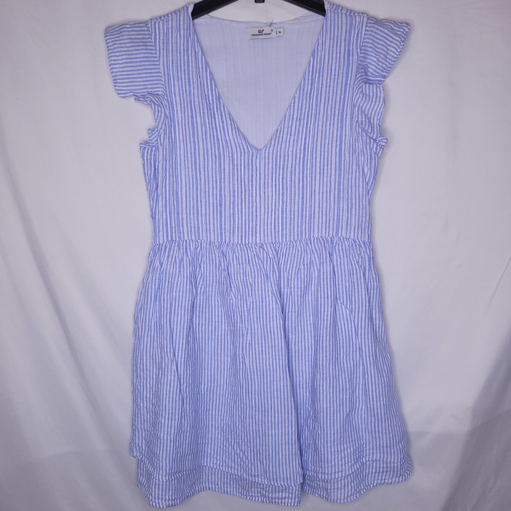 Vineyard Vines Linen Dress Medium Striped Blue, White Pintuck Flutter Sleeve
