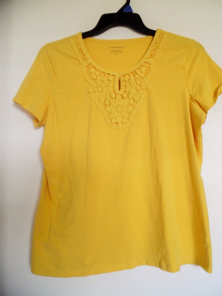 Charter Club Yellow V Neck Crocheted  Top  Shirt Size L