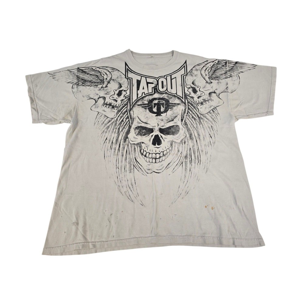 Vintage Y2K TAPOUT Skulls Wings Double Sided MMA T Shirt Size XL Gray