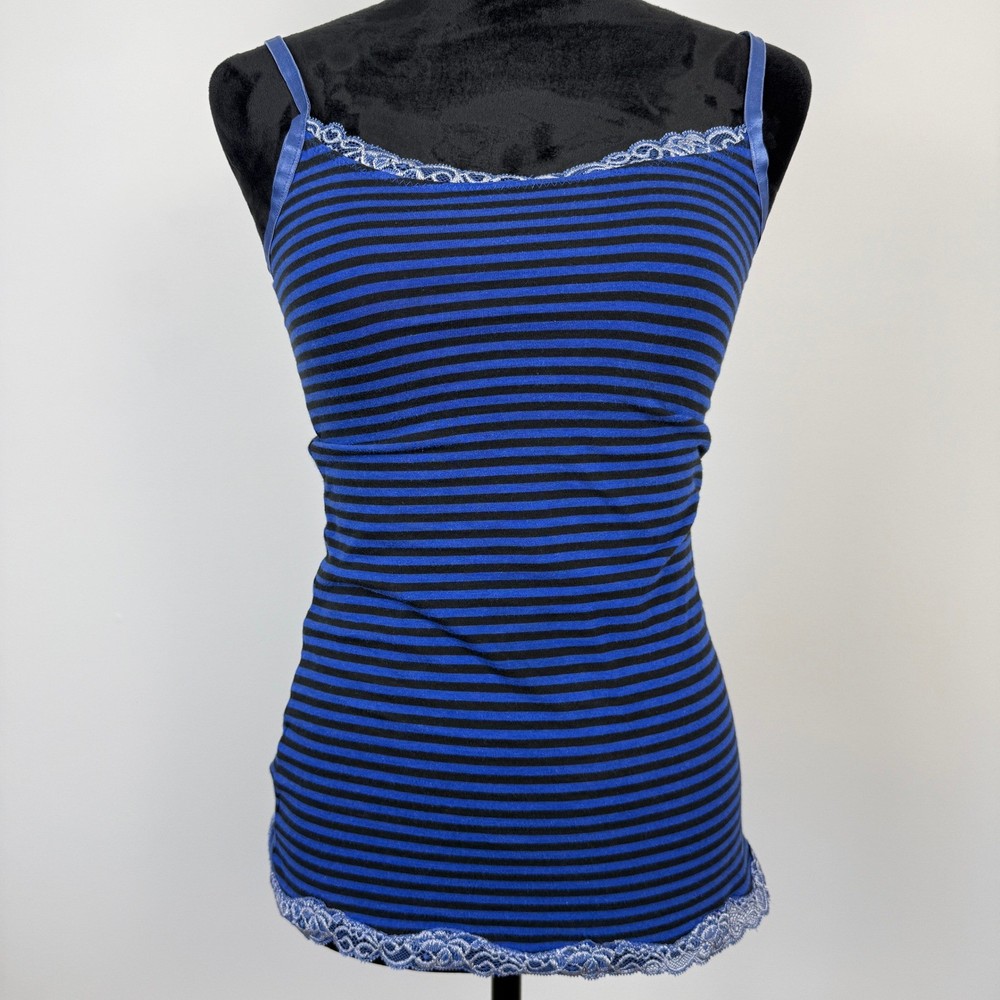 Y2K Express Camisole Women XS Blue Black Striped Lace Trim Coquette Fairy Grunge