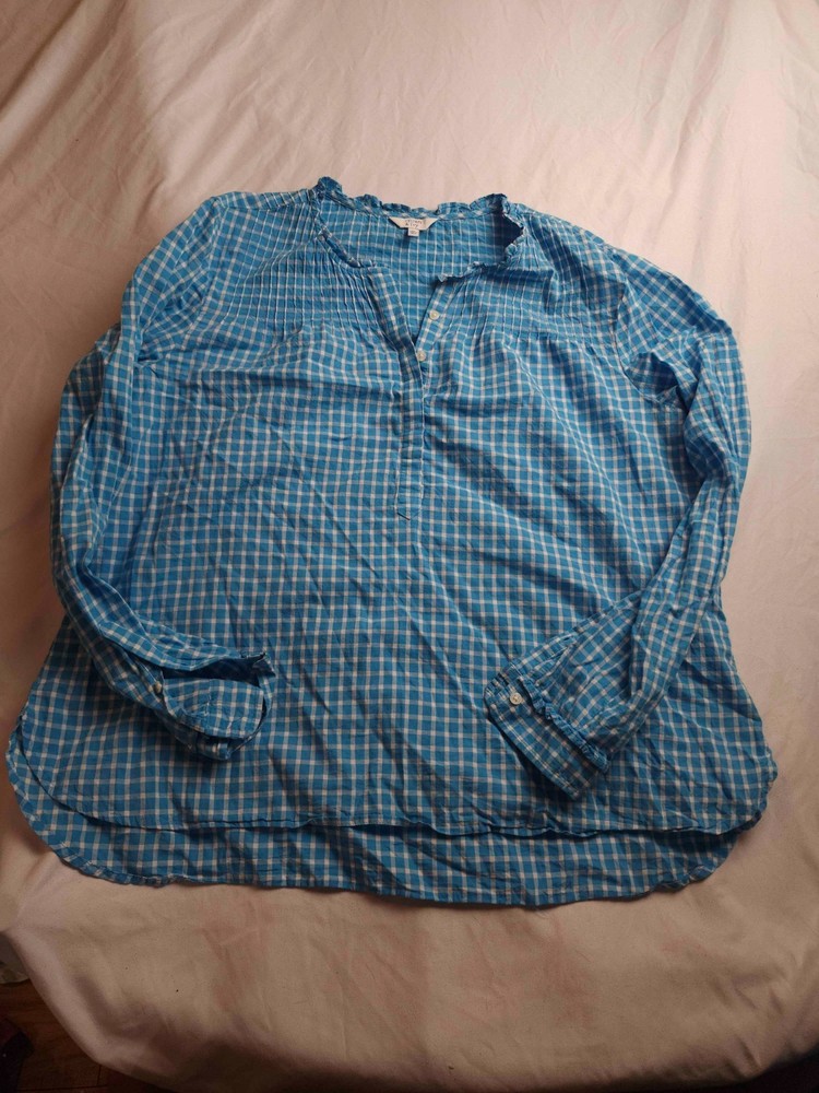 Crown & Ivy Blouse Top Womens Size XL Blue Plaid Henley V-Neck Long Sleeves