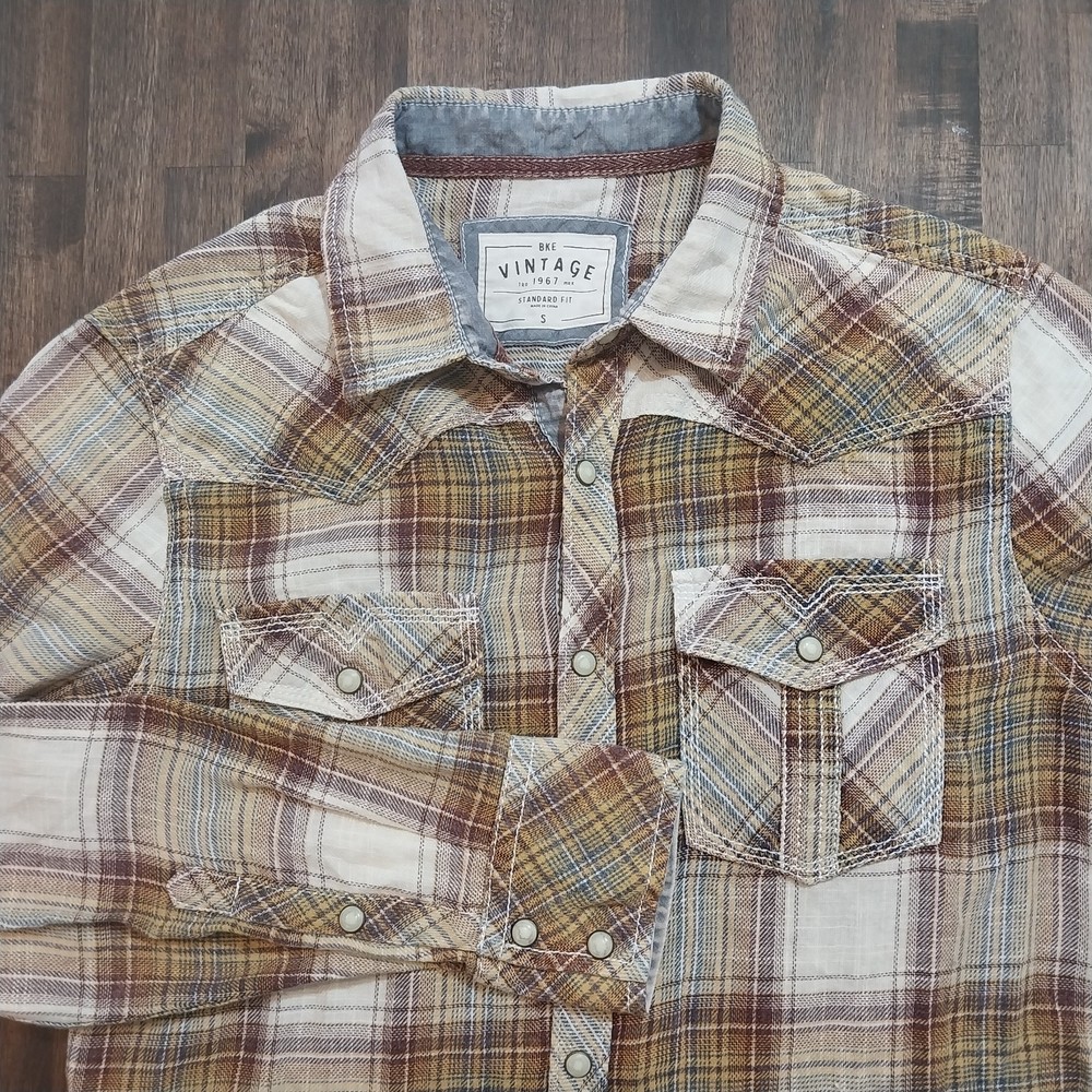 BKE Buckle Shirt Mens S Brown Plaid Tailored Fit Western Pearl Snap Long Sleeve