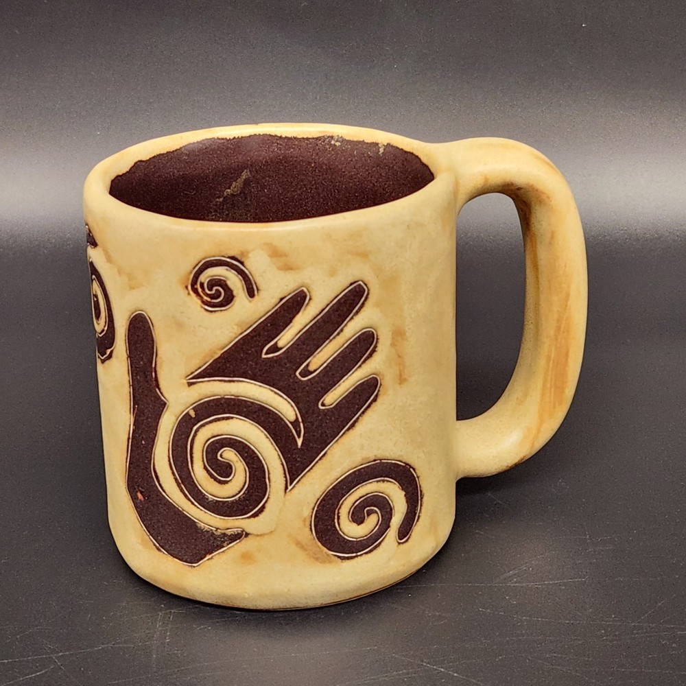 Signed Design By Mara Mexico Art Pottery Coffee Mug Cup Large Healing Hands