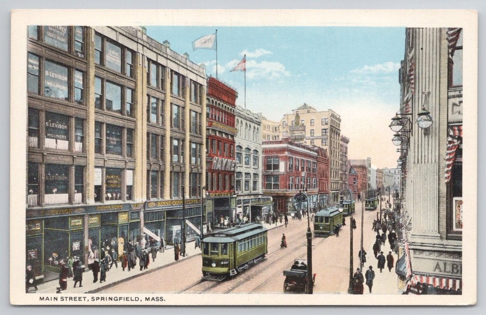Main Street Springfield MA Trolley Streetcar Scene Americhrome Postcard