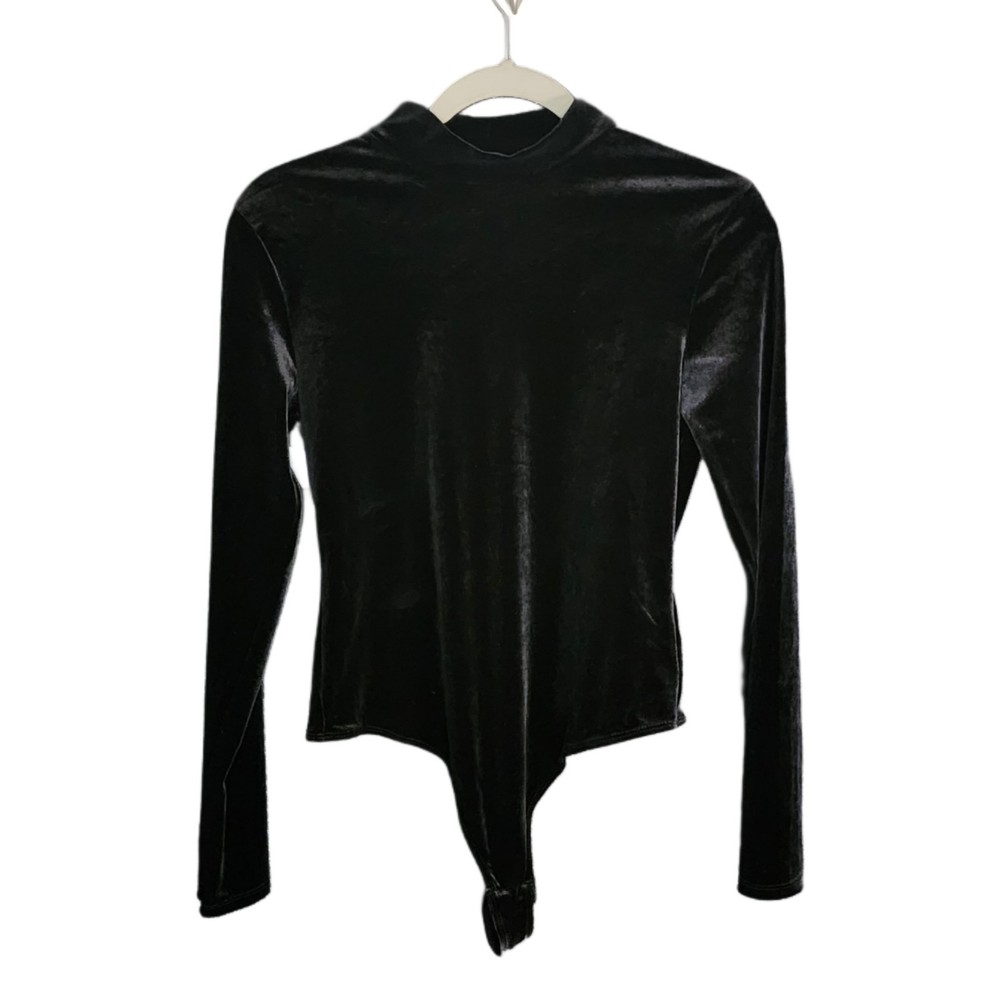 H&M Black Velvet Bodysuit Womens M Long Sleeve Mock Neck Stretch Snap Closure